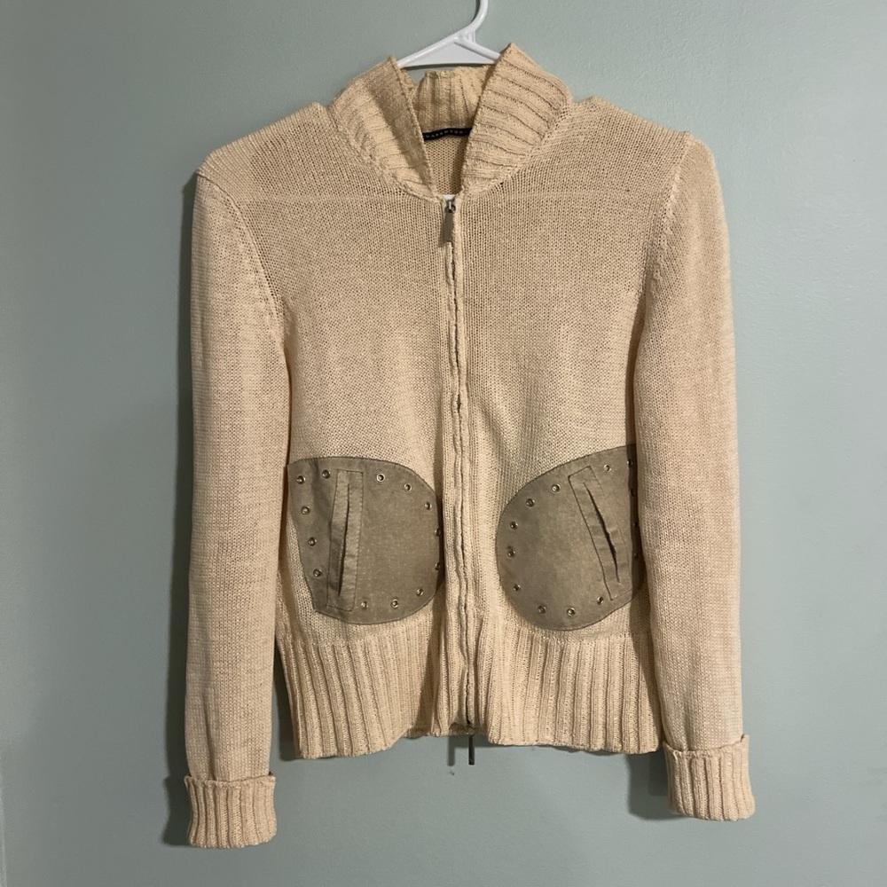 Lorena Antoniazzi cream zip up mock neck collar cardigan leather suede pockets M